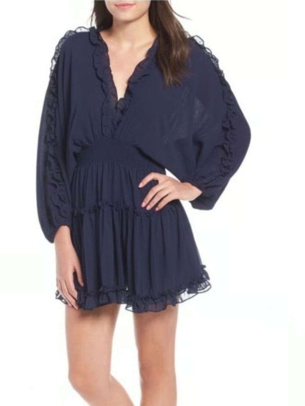 Misa Los Angeles  Navy Luisa Ruffled V-Neck Mini Dress M
